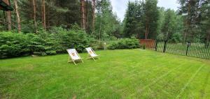 two chairs sitting in the grass in a yard at Leśne Zacisze in Łuka