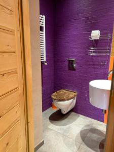 a purple bathroom with a toilet and a sink at Willa Emma in Poronin