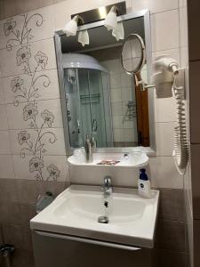 a bathroom with a sink and a mirror at Apartament Darius in Moieciu de Sus