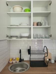 un bancone della cucina con lavandino e scaffali con piatti di Novi Relax apartment a Herceg-Novi