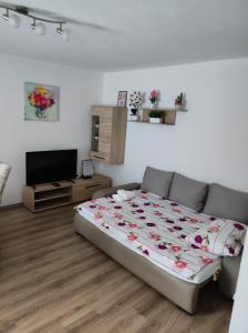 a bedroom with a bed and a flat screen tv at Apartment Sanja in Smoljanac