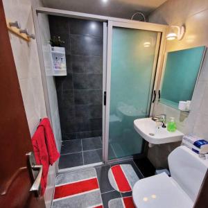 a bathroom with a shower and a toilet and a sink at Charmant Studio Côtier in Tangier