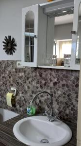 a bathroom counter with a sink and a mirror at Kiskassa Vendégház 