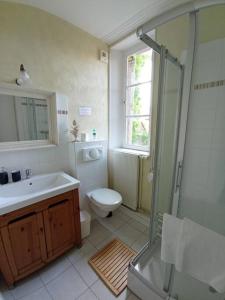La salle de bains est pourvue de toilettes, d'un lavabo et d'une douche. dans l'établissement Château de Heuqueville, à Heuqueville