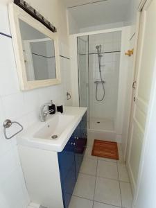 La salle de bains blanche est pourvue d'un lavabo et d'une douche. dans l'établissement Château de Heuqueville, à Heuqueville