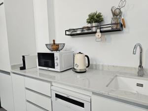 a kitchen counter with a microwave and a sink at Jardín Viveros-Turia in Valencia +15 photos