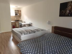a bedroom with two beds and a kitchen in the background at Ubytovanie Pepo in Štúrovo