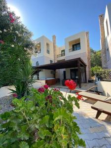 a house with a garden with flowers in front of it at Athina in Kiotari