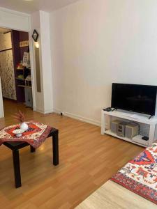 een woonkamer met een flatscreen-tv en een tafel bij Studio lumineux in Straatsburg