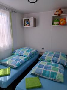 een slaapkamer met 2 bedden en een raam bij Mobilheim / Chalet in Seekirchen am Wallersee