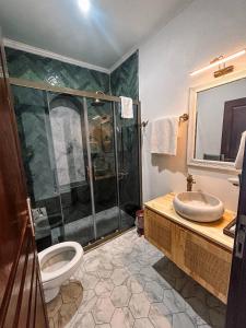 a bathroom with a shower and a toilet and a sink at Eden Selene Hotel in Ayvalık