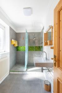 uma casa de banho com um chuveiro e um lavatório. em Urlaub am Jauerling 