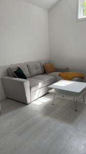 uma sala de estar com um sofá e uma mesa de centro em Attefallshus Alingsås / Dammen. em Alingsås