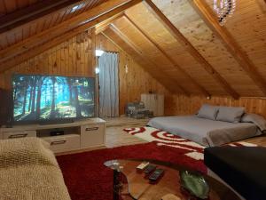 a living room with a bed and a large screen tv at FortUNA Holiday Home in Bihać