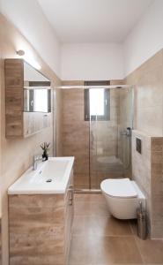 a bathroom with a toilet and a sink and a shower at Villa Sofia in Póndi +62 photos