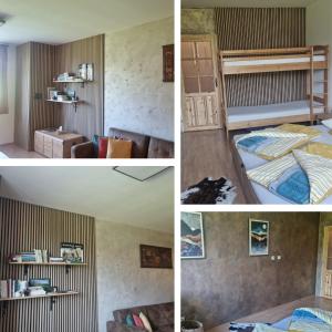 4 photos différentes d'une chambre avec un lit et un canapé dans l'établissement Apartmá Ráj v Ramzové, à Ostružná