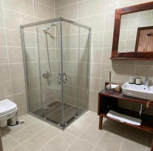 a bathroom with a shower and a toilet and a sink at Menzara Hotel & Restaurant in Sapanca