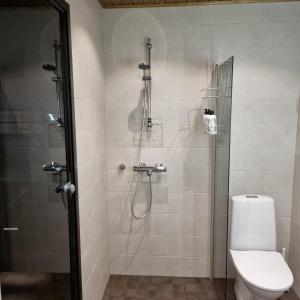 een badkamer met een douche en een toilet bij Ylläs Terhakka - Uusi huvila kuudelle in Äkäslompolo