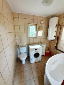 uma casa de banho com um WC e uma máquina de lavar roupa em Domek na Górce em Rabe