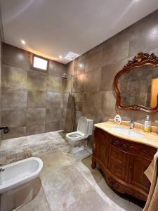 a bathroom with a sink and a toilet and a mirror at Dar HAKIM piscine privée in Marrakesh