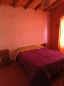 een slaapkamer met een rood bed en een raam bij Huerta Las Señoritas in Senador Pérez
