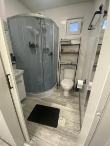 a bathroom with a shower and a toilet at Tiny House QiriH in Zierikzee