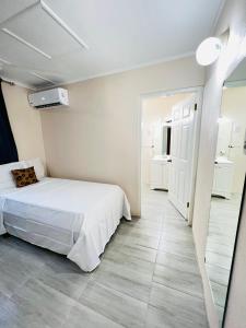 a bedroom with a bed and a mirror at SeaLaVie Apartments - Grenada in Saint Georgeʼs