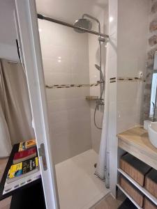 a white bathroom with a shower and a sink at Studio cité gastronomique in Dijon