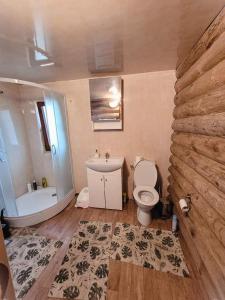 een badkamer met een toilet, een bad en een wastafel bij Poilsis netoli Druskininkų in Druskininkai