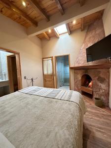 a bedroom with a large bed and a fireplace at Cabañas Rancho El Mayab in Zacatlán