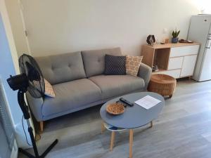 sala de estar con sofá y mesa en adorable guest house avec jardin et parking privatif, en Aix-en-Provence
