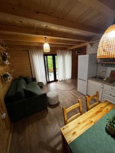 ein Wohnzimmer mit einer grünen Couch und einer Küche in der Unterkunft Šum Rzava 2.0 in Arilje + 14 Fotos
