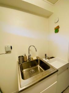 uma cozinha com um lavatório de aço inoxidável num quarto em Brunns Lake House em Ulricehamn