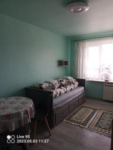 1 dormitorio con 1 cama en una habitación con ventana en Noclegi MAJA, en Solina