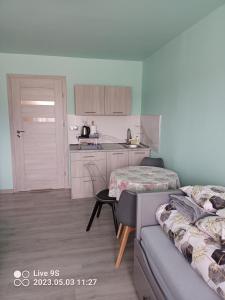 Habitación con cama y cocina con mesa en Noclegi MAJA, en Solina