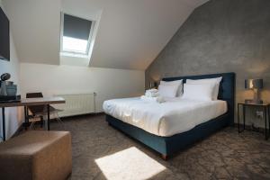 比尔森Riverside Hotel Plzeň的一间带大床和书桌的卧室