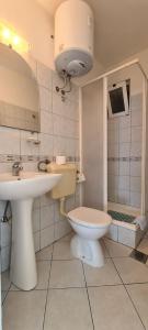 a bathroom with a sink and a toilet and a mirror at Apartments Lanterna in Sućuraj