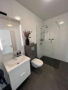 Un baño con inodoro, lavabo y ducha. en Golden Circle house 1, en Selfoss
