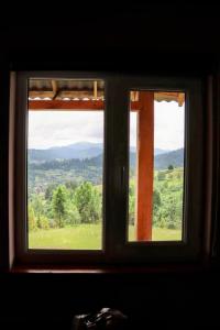 une fenêtre avec vue sur un champ verdoyant dans l'établissement EcoXata, à Slavsko