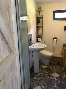 uma casa de banho com um lavatório e um WC em Log cabin rural retreat in beautiful countryside em Lapworth