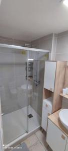 een badkamer met een douche en een wastafel bij Appartement cosy sur Agde pour 4 personnes maxi. in Agde