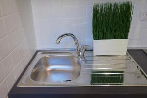 eine Küchenspüle mit einem Wasserhahn und einer grünen Pflanze in der Unterkunft La Dimora dell'Arcivescovo in Bari