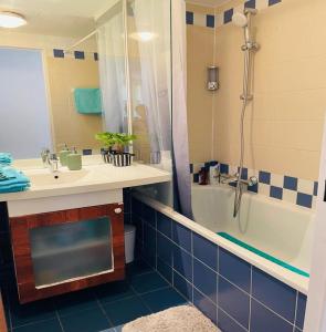 y baño con bañera, lavamanos y ducha. en Ryan Homes - in ApartHotel - La Défense, en Courbevoie