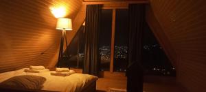 1 dormitorio con cama y ventana con vistas en Ayliya bungalow, en Trabzon