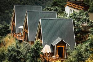 a house with a green roof with a porch at Ayliya bungalow in Trabzon