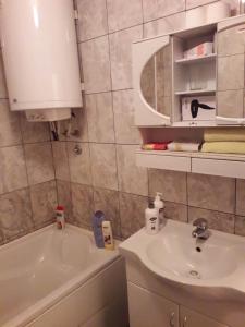 a bathroom with a sink and a tub and a mirror at Apartman Katarina in Vranje