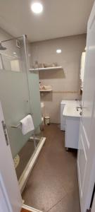 baño pequeño con ducha y lavamanos en Nota Apartman, en Vrnjačka Banja