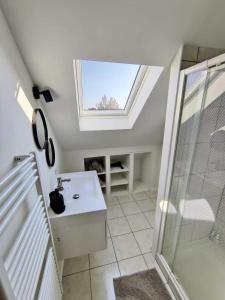 a bathroom with a sink and a skylight at Bel-etage Bruges Homestay - Free parking - Entire floor in Bruges