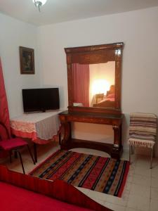 a living room with a mirror and a television at Paradis in Dar Salah Bey