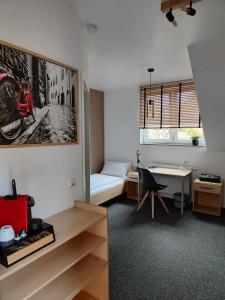 een kamer met een slaapkamer met een bed en een bureau bij Haus des Sports in Bad Kreuznach